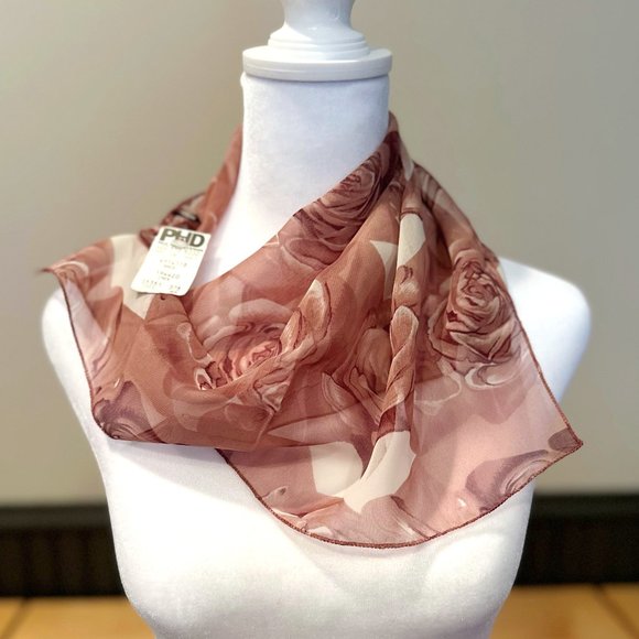 Paul Harris Design Sheer Neck Scarf w/ Dusty Rose Mauve Pink Roses 18x18 Square - Picture 1 of 5